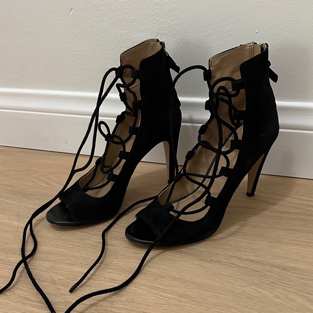 Saks Fifth Avenue Black Lace-Up Suede High Heel Sandals